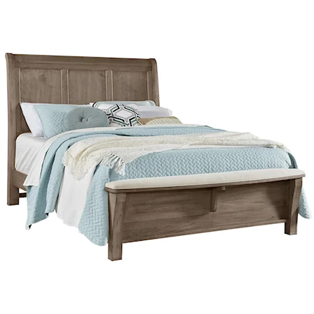 Queen Solid Wood Sleigh Bed With Upholstered Bench Footboard